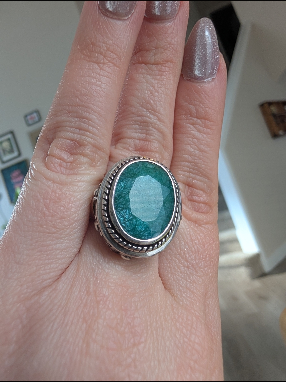 Vintage BJC Sterling Silver 925 Large Green Gemstone Statement Ring Size 7 - Picture 2 of 9